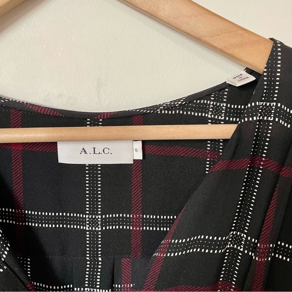 A.L.C. Simona Check Black Red Plaid Print 100% Silk Shirt Dress Size 6 - Picture 3 of 7